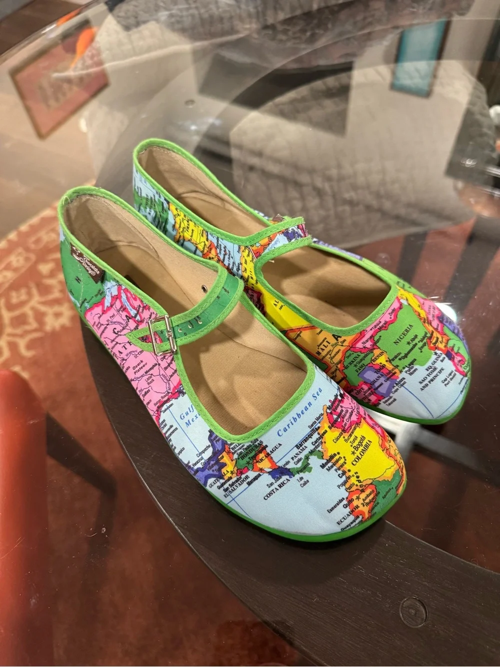 Map-Print Mary Jane Flats with Green Trim